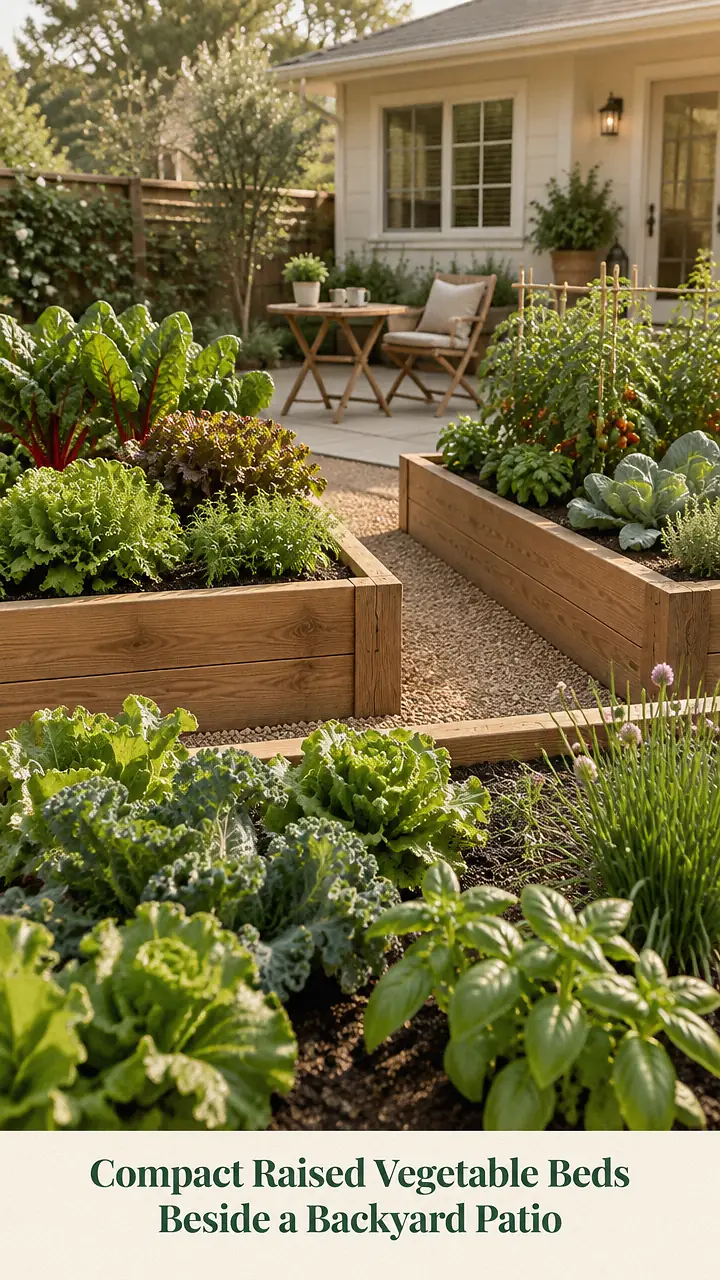 Compact Raised Vegetable Beds Beside a Backyard Patio
