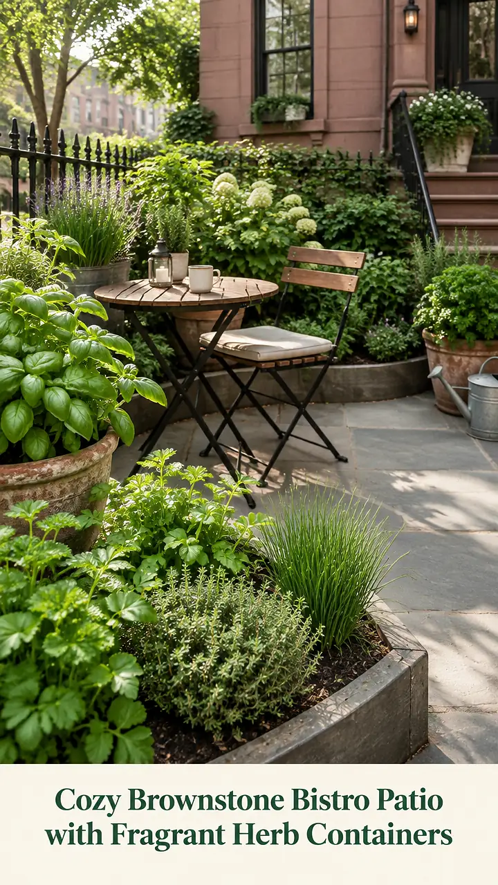 Cozy Brownstone Bistro Patio with Fragrant Herb Containers