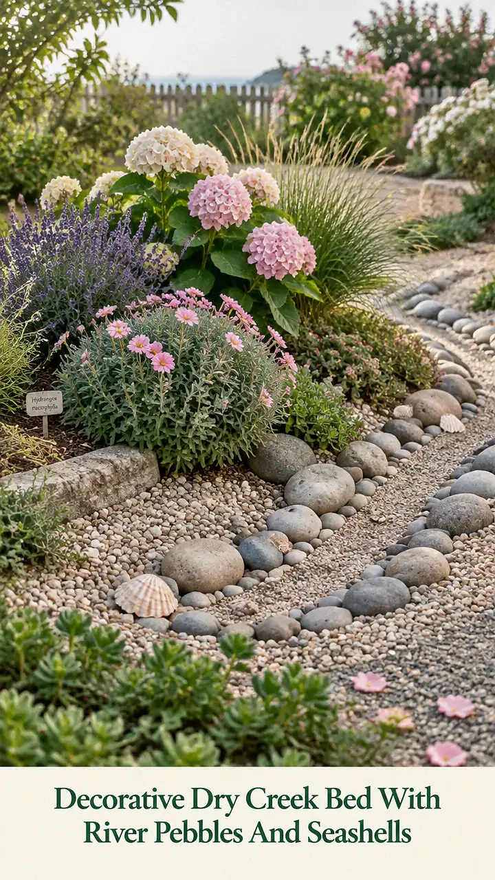 Decorative Dry Creek Bed With River Pebbles And Seashells