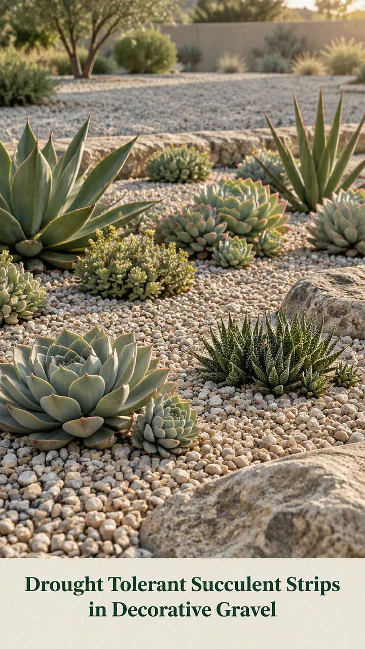 Drought Tolerant Succulent Strips in Decorative Gravel