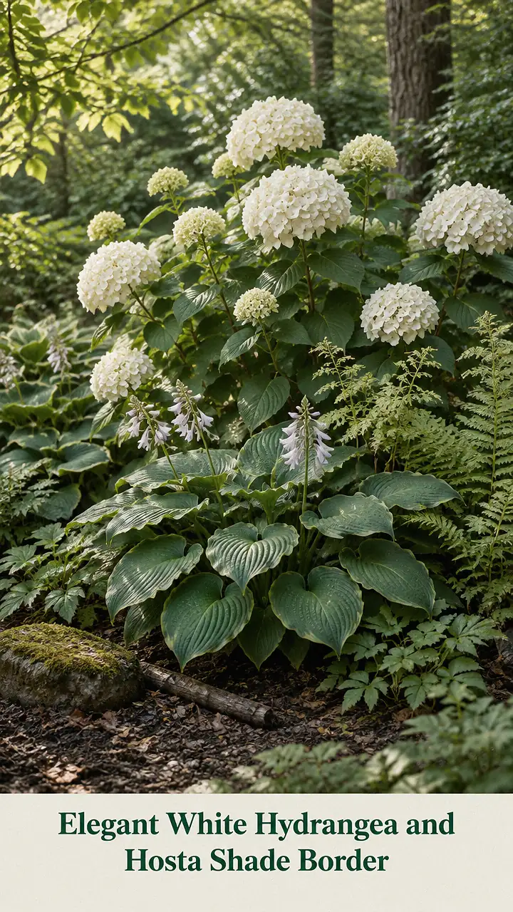Elegant White Hydrangea and Hosta Shade Border