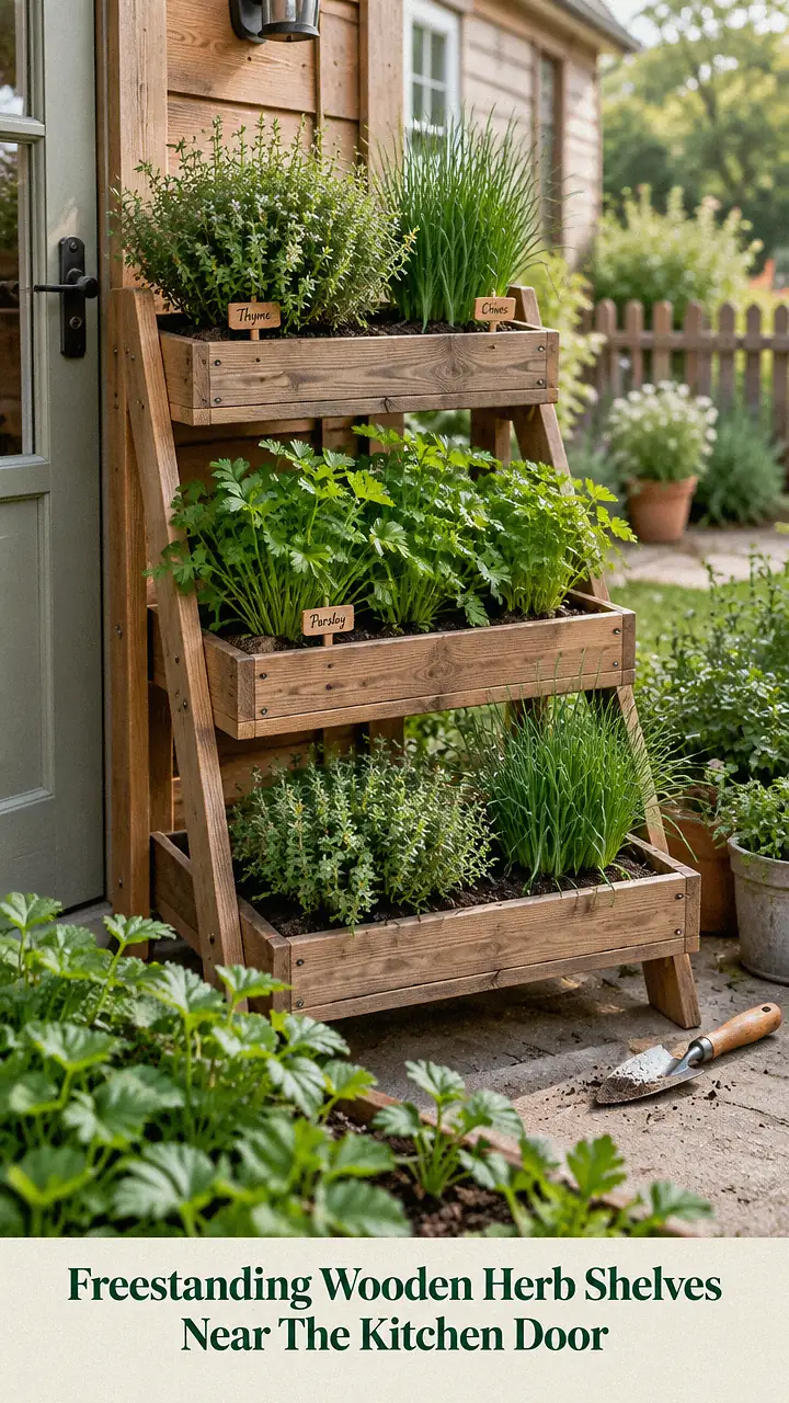 Freestanding Wooden Herb Shelves Near The Kitchen Door