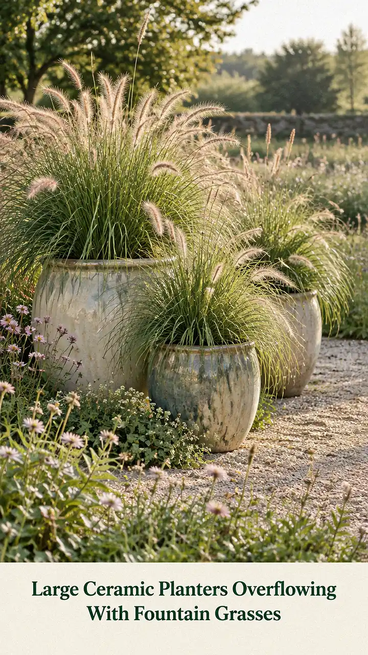 Large Ceramic Planters Overflowing With Fountain Grasses
