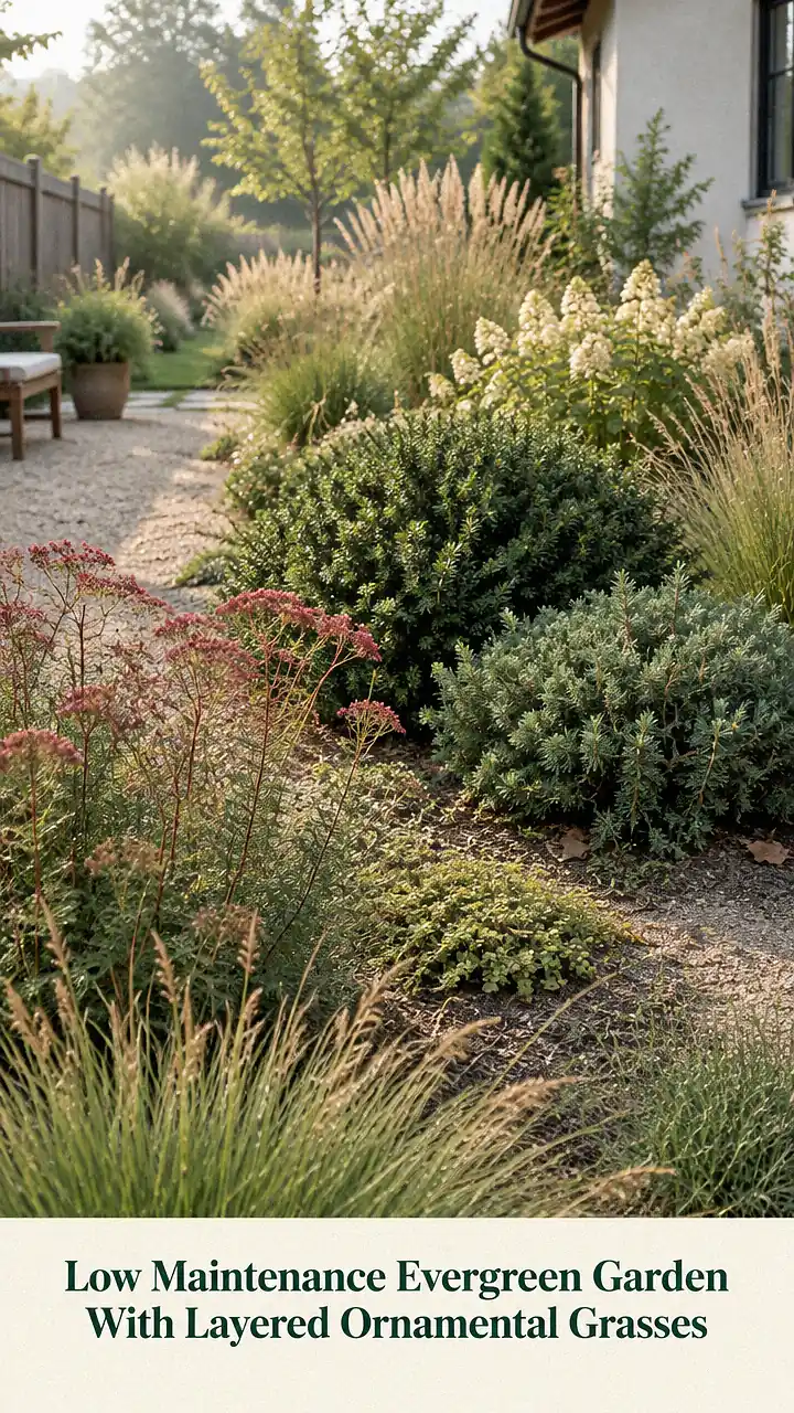 Low Maintenance Evergreen Garden With Layered Ornamental Grasses