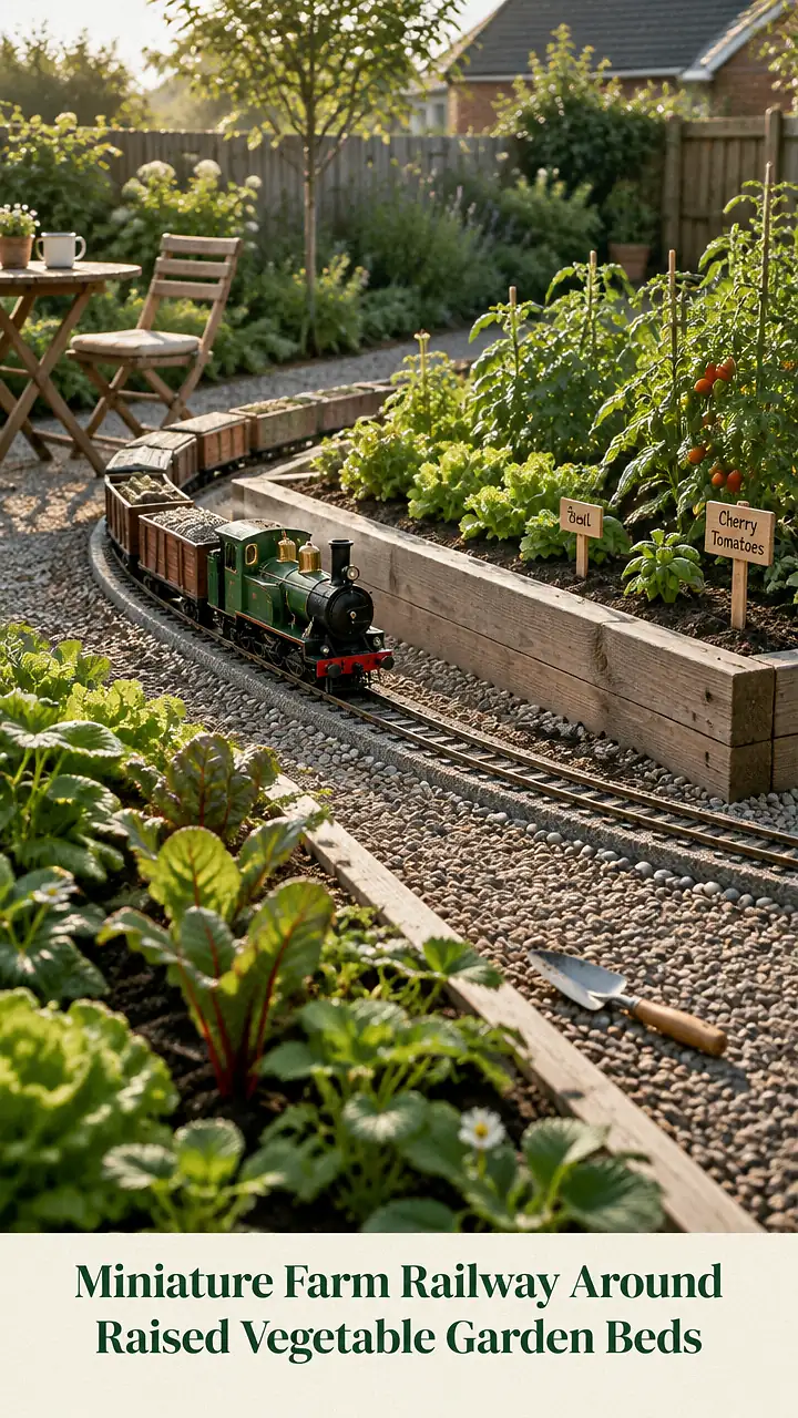 Miniature Farm Railway Around Raised Vegetable Garden Beds