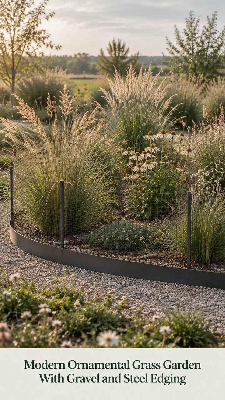 Modern Ornamental Grass Garden With Gravel and Steel Edging