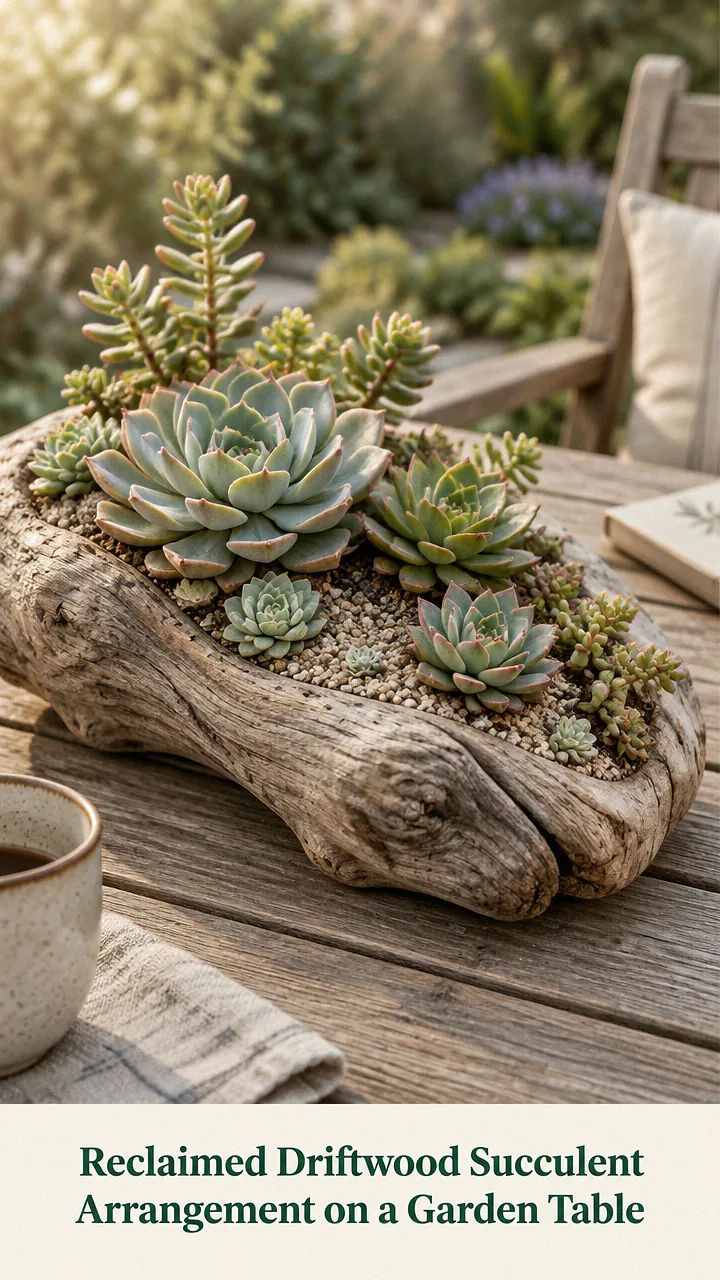 Reclaimed Driftwood Succulent Arrangement on a Garden Table