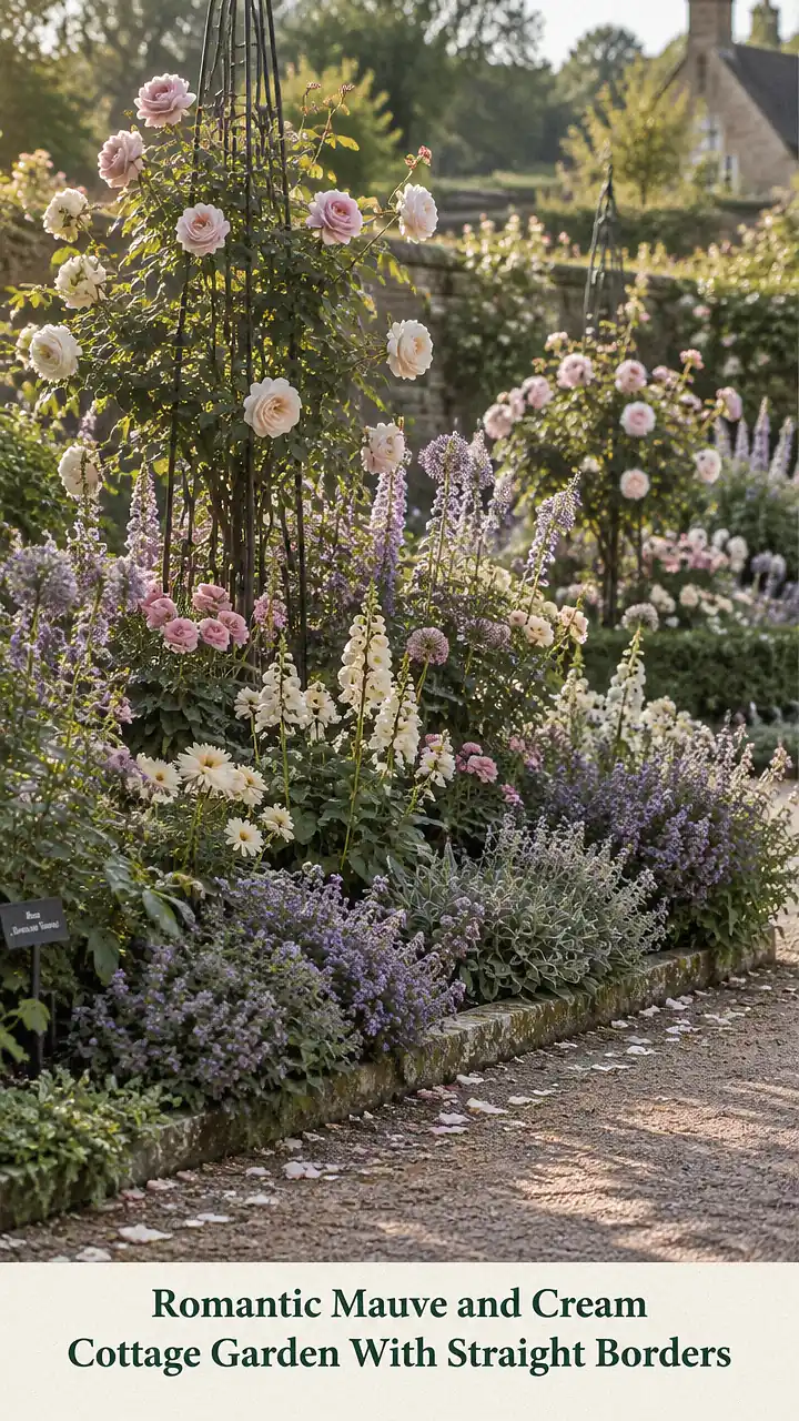 Romantic Mauve and Cream Cottage Garden With Straight Borders