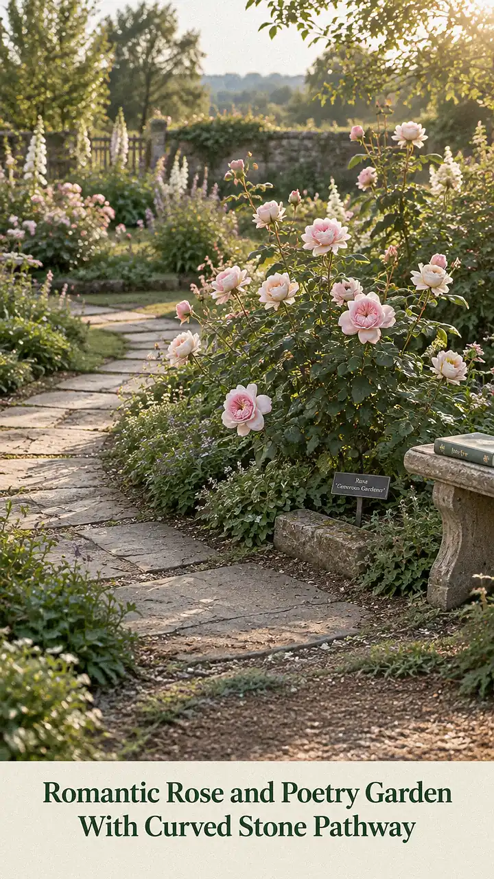 Romantic Rose and Poetry Garden With Curved Stone Pathway