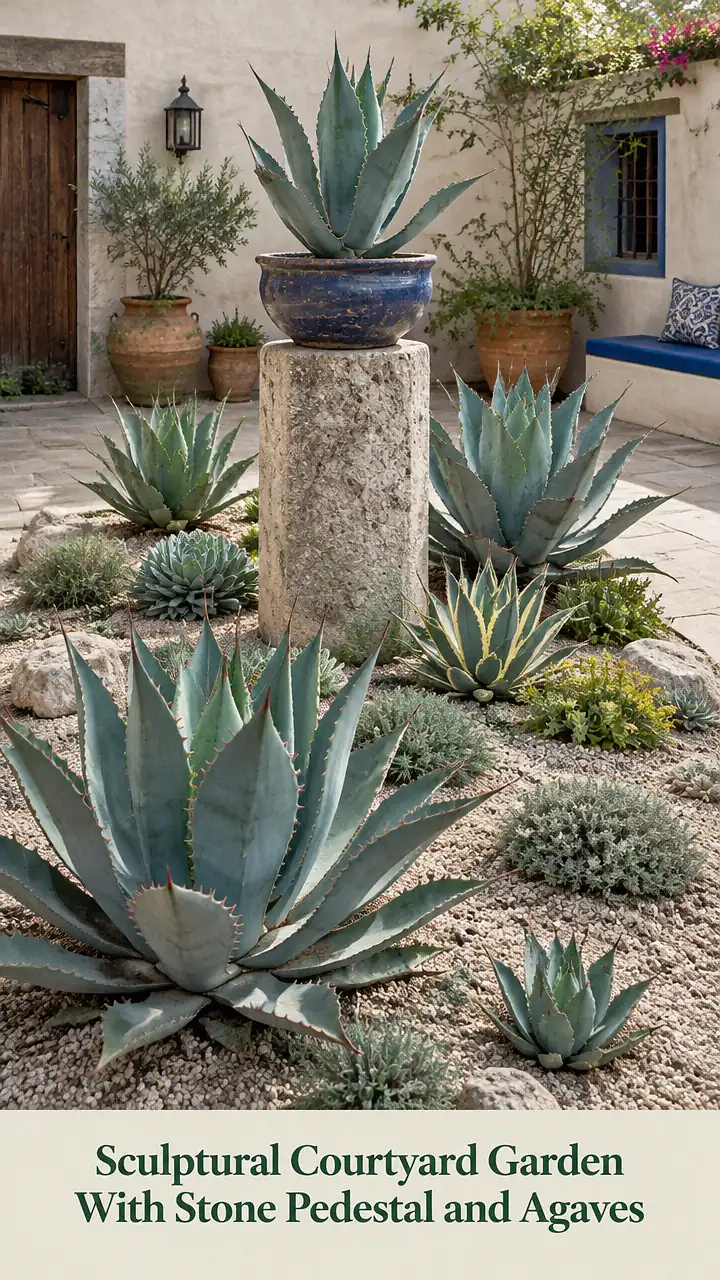 Sculptural Courtyard Garden With Stone Pedestal and Agaves