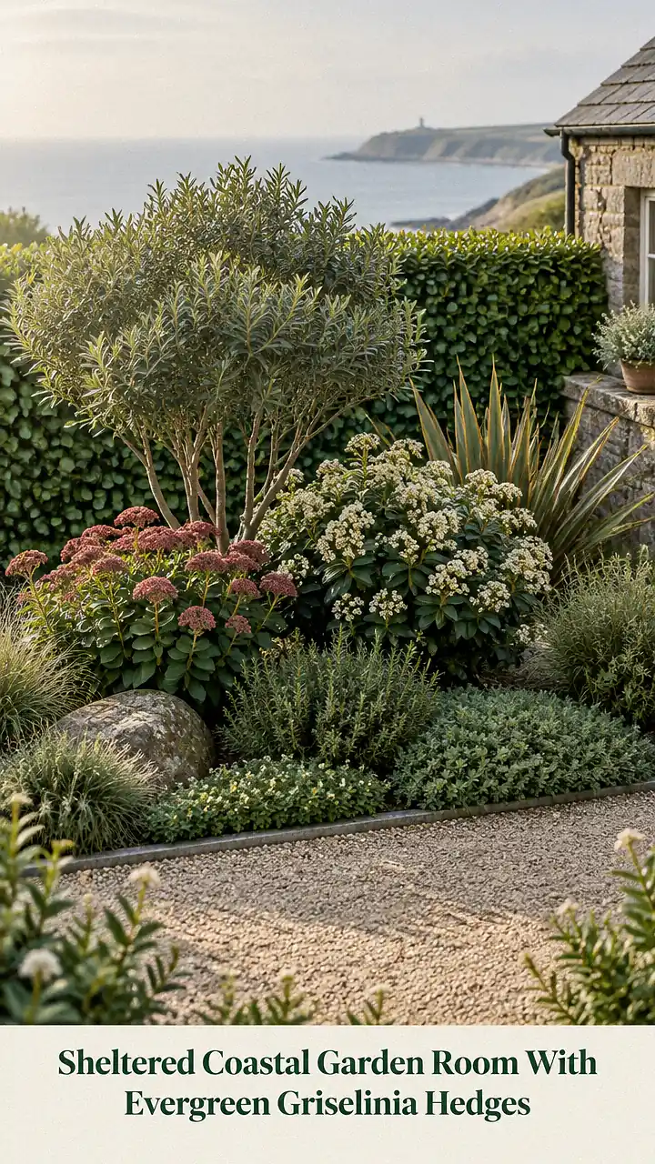 Sheltered Coastal Garden Room With Evergreen Griselinia Hedges