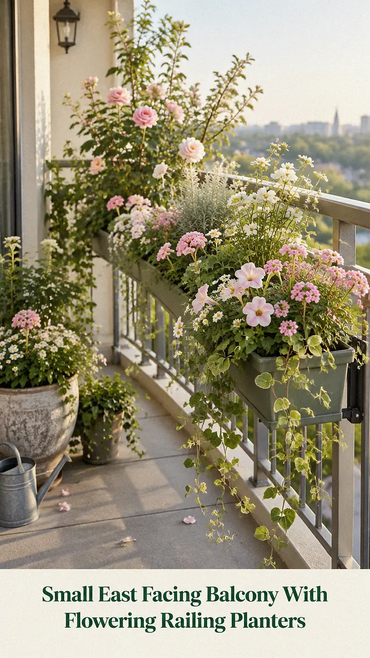 Small East Facing Balcony With Flowering Railing Planters