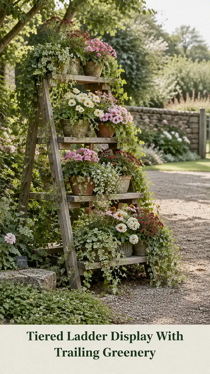 Tiered Ladder Display With Trailing Greenery