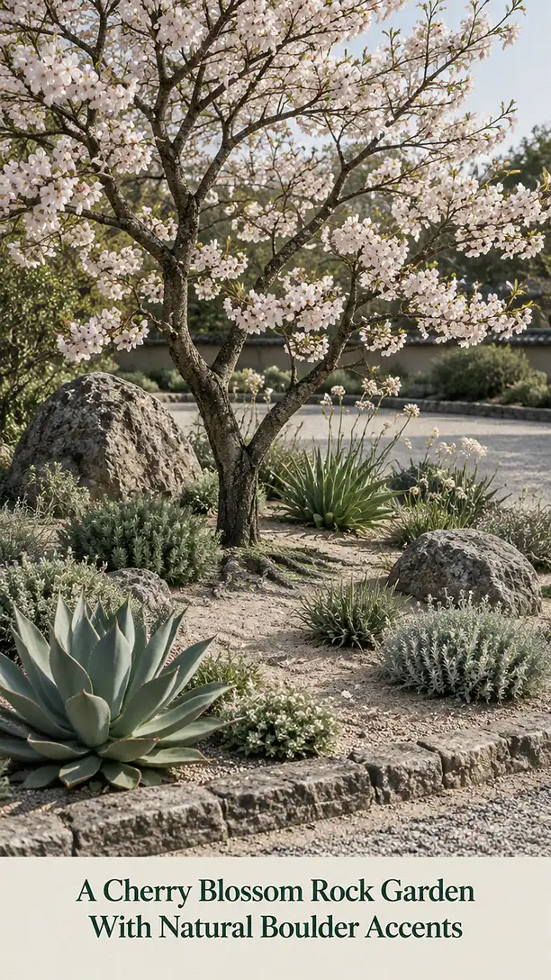 A Cherry Blossom Rock Garden With Natural Boulder Accents