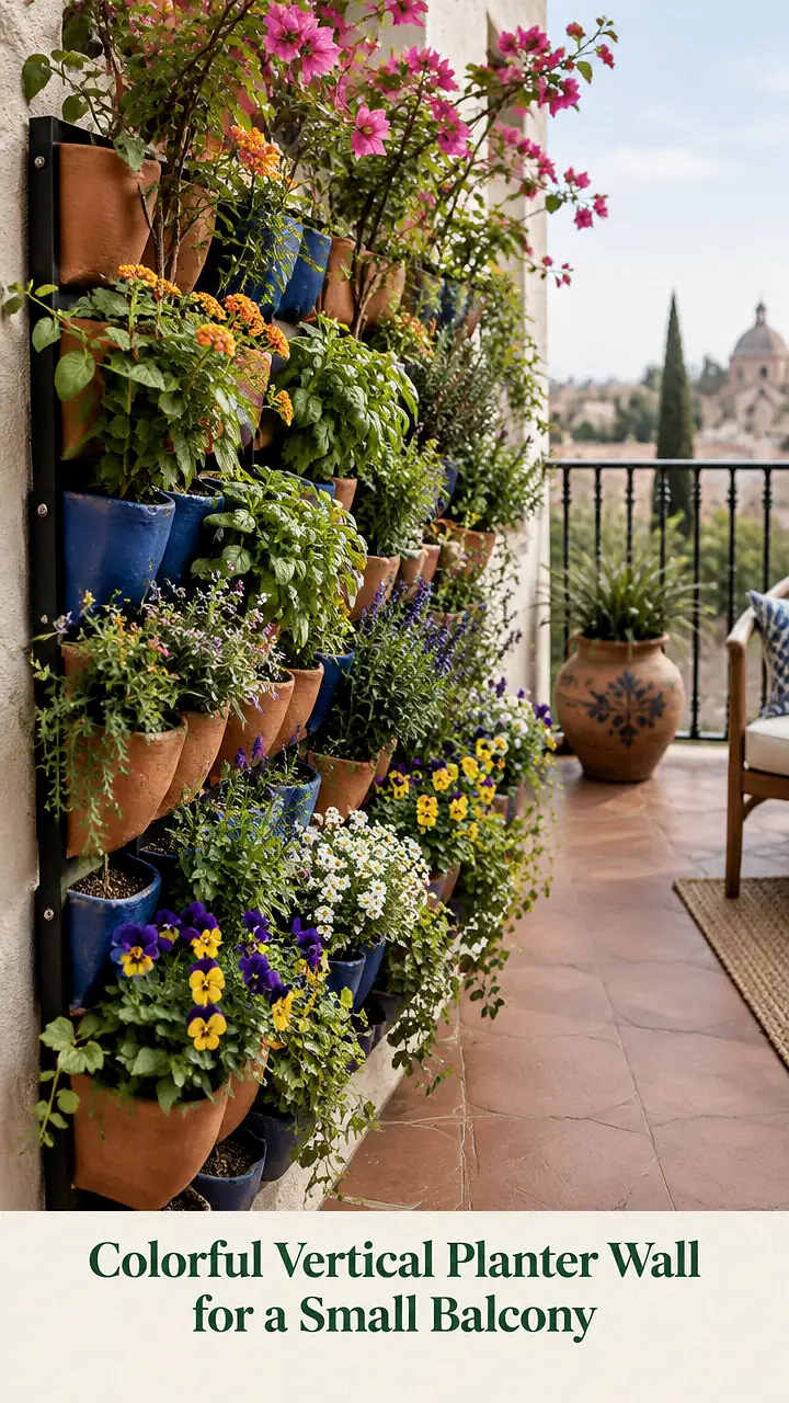 Colorful Vertical Planter Wall for a Small Balcony