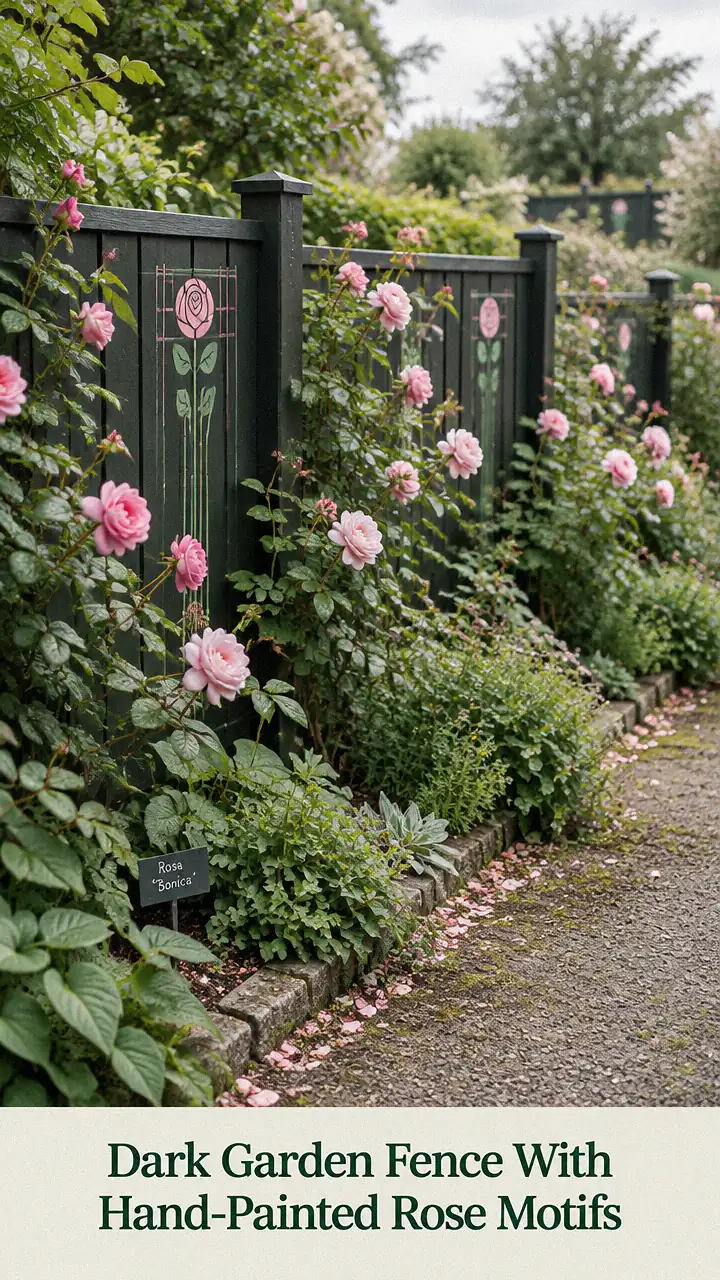 Dark Garden Fence With Hand-Painted Rose Motifs