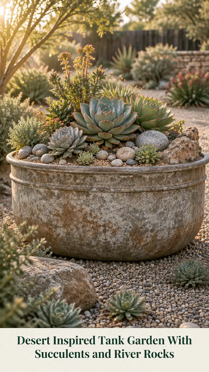 Desert Inspired Tank Garden With Succulents and River Rocks