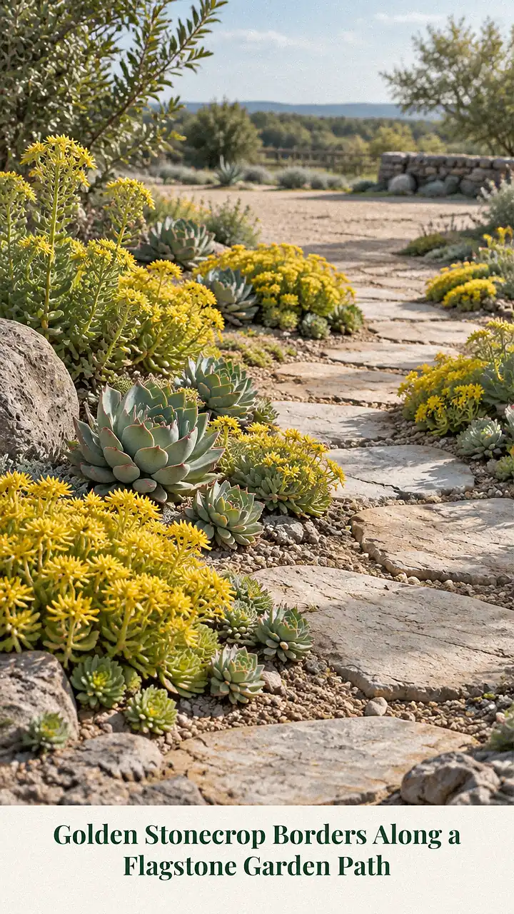 Golden Stonecrop Borders Along a Flagstone Garden Path