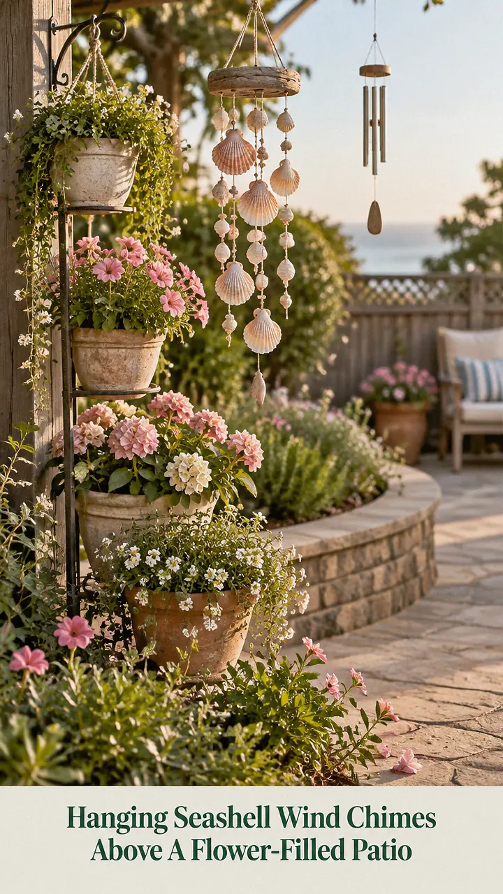 Hanging Seashell Wind Chimes Above A Flower-Filled Patio