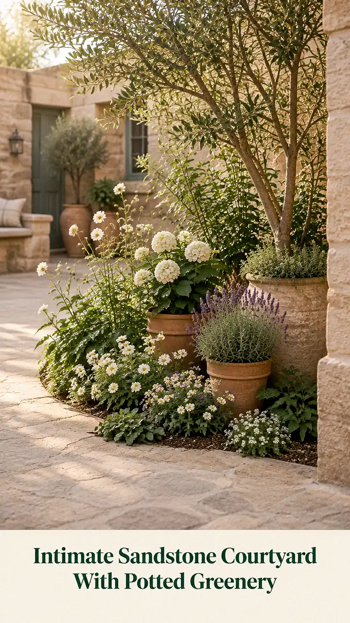 Intimate Sandstone Courtyard With Potted Greenery