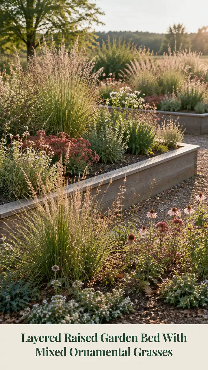 Layered Raised Garden Bed With Mixed Ornamental Grasses