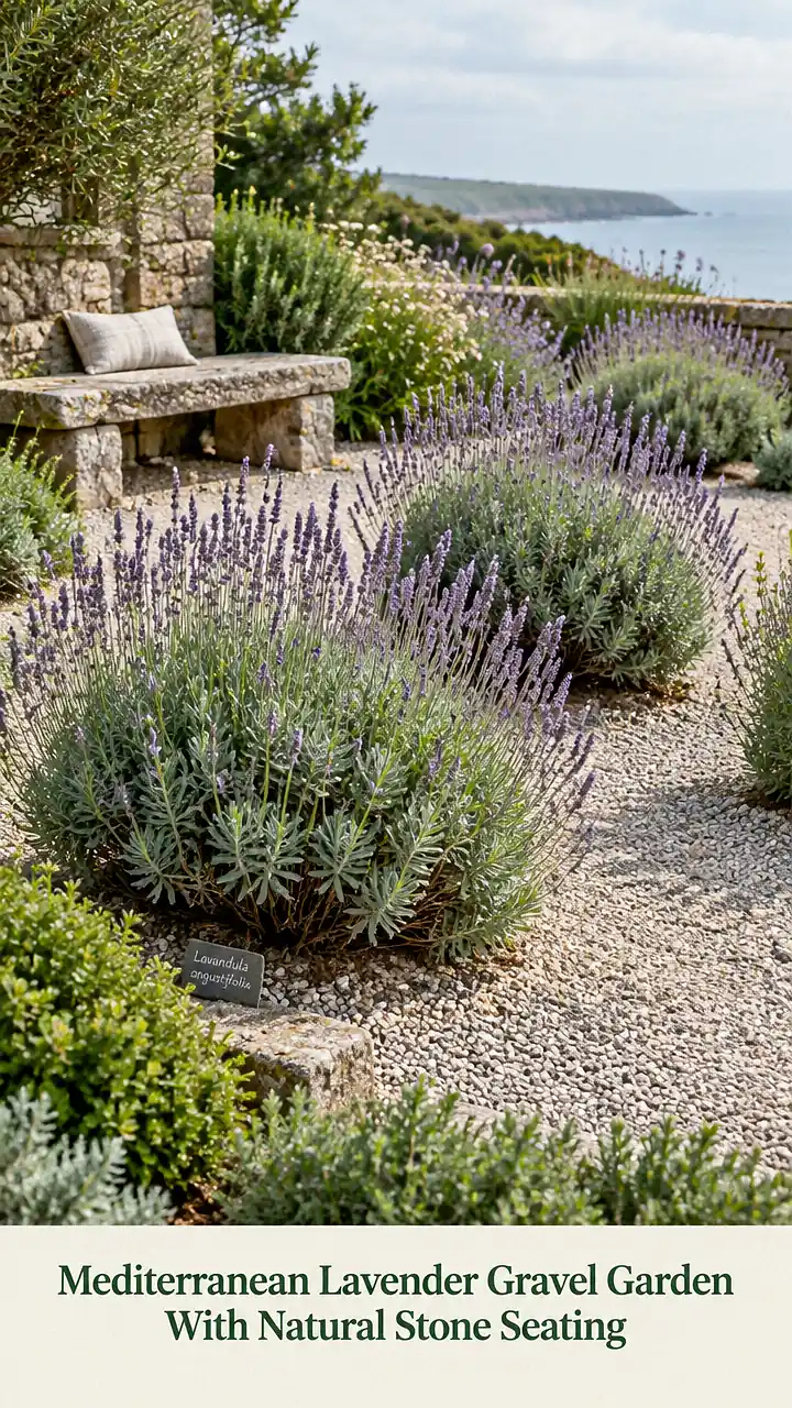 Mediterranean Lavender Gravel Garden With Natural Stone Seating