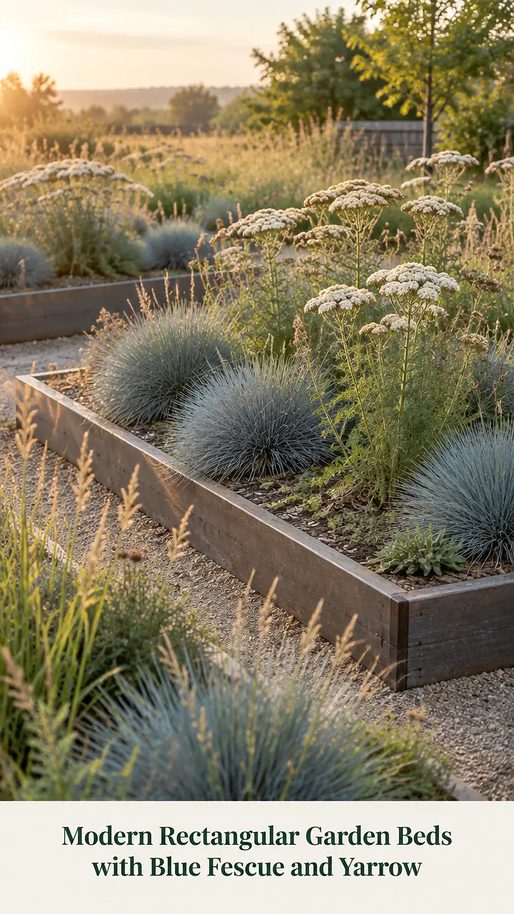 Modern Rectangular Garden Beds with Blue Fescue and Yarrow