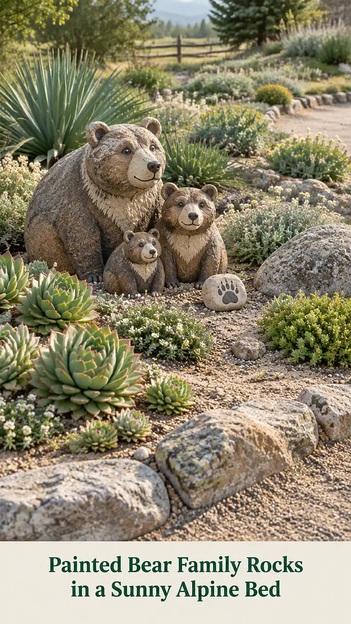 Painted Bear Family Rocks in a Sunny Alpine Bed
