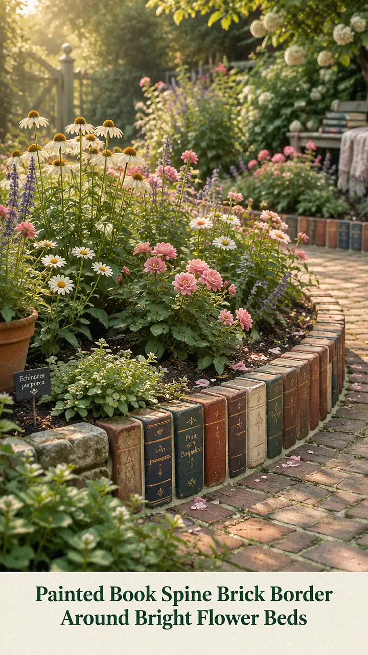 Painted Book Spine Brick Border Around Bright Flower Beds