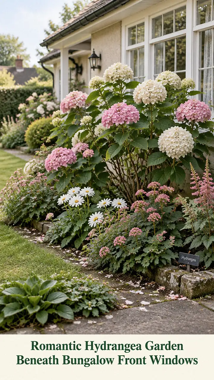 Romantic Hydrangea Garden Beneath Bungalow Front Windows