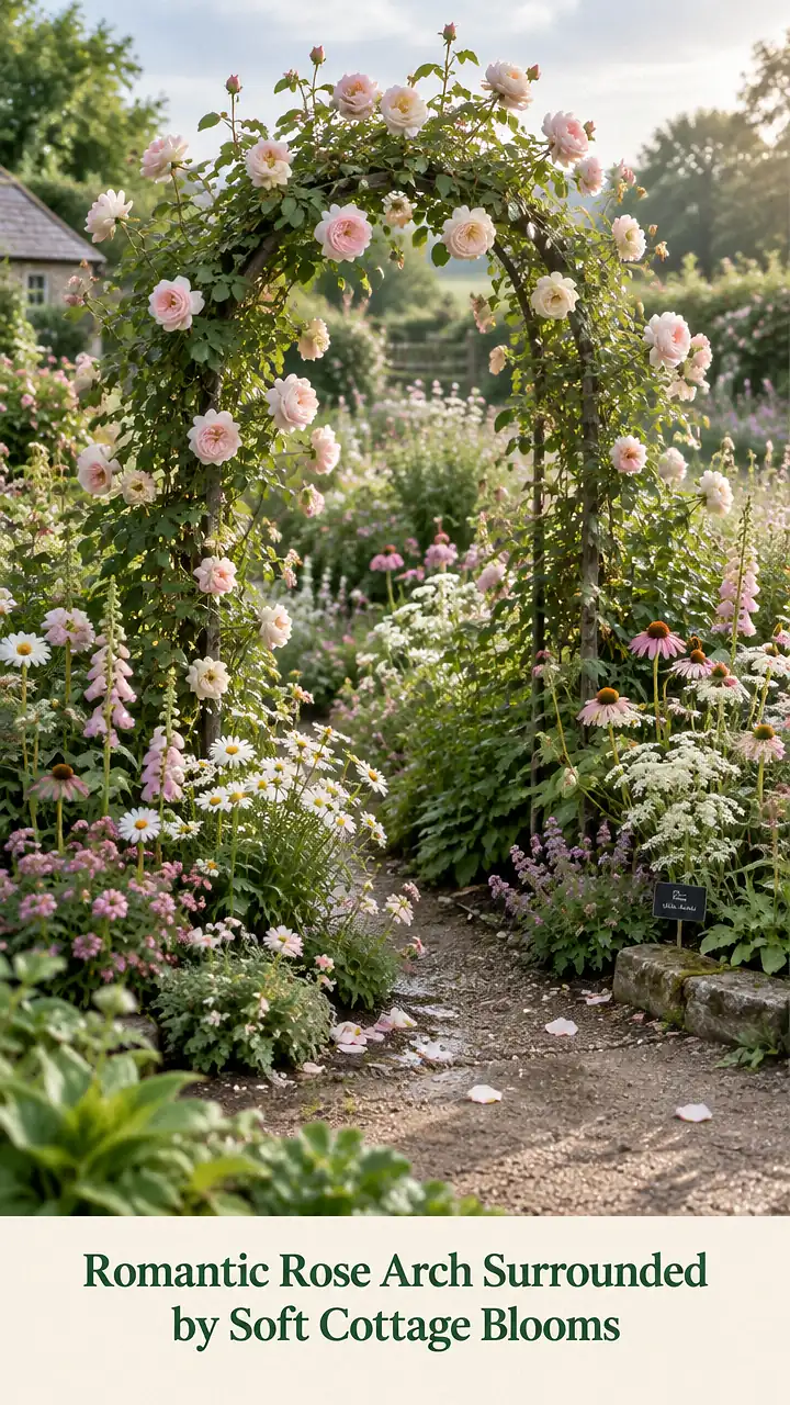 Romantic Rose Arch Surrounded by Soft Cottage Blooms