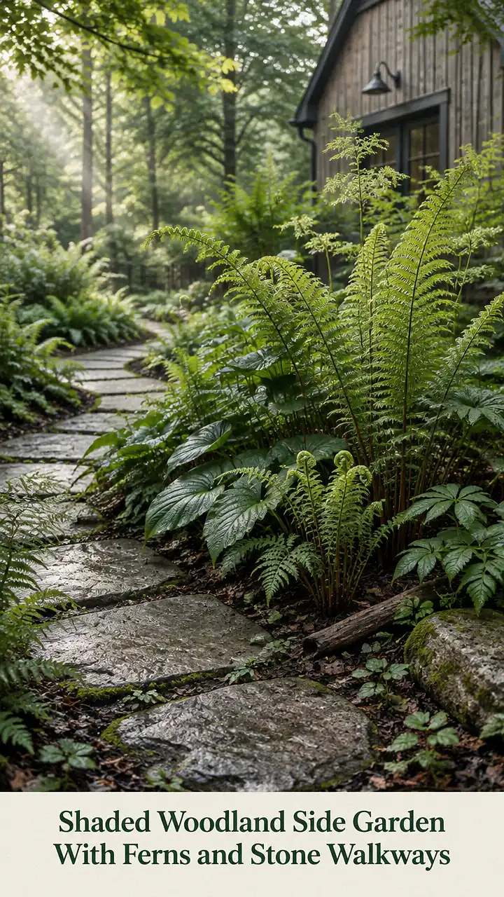 Shaded Woodland Side Garden With Ferns and Stone Walkways
