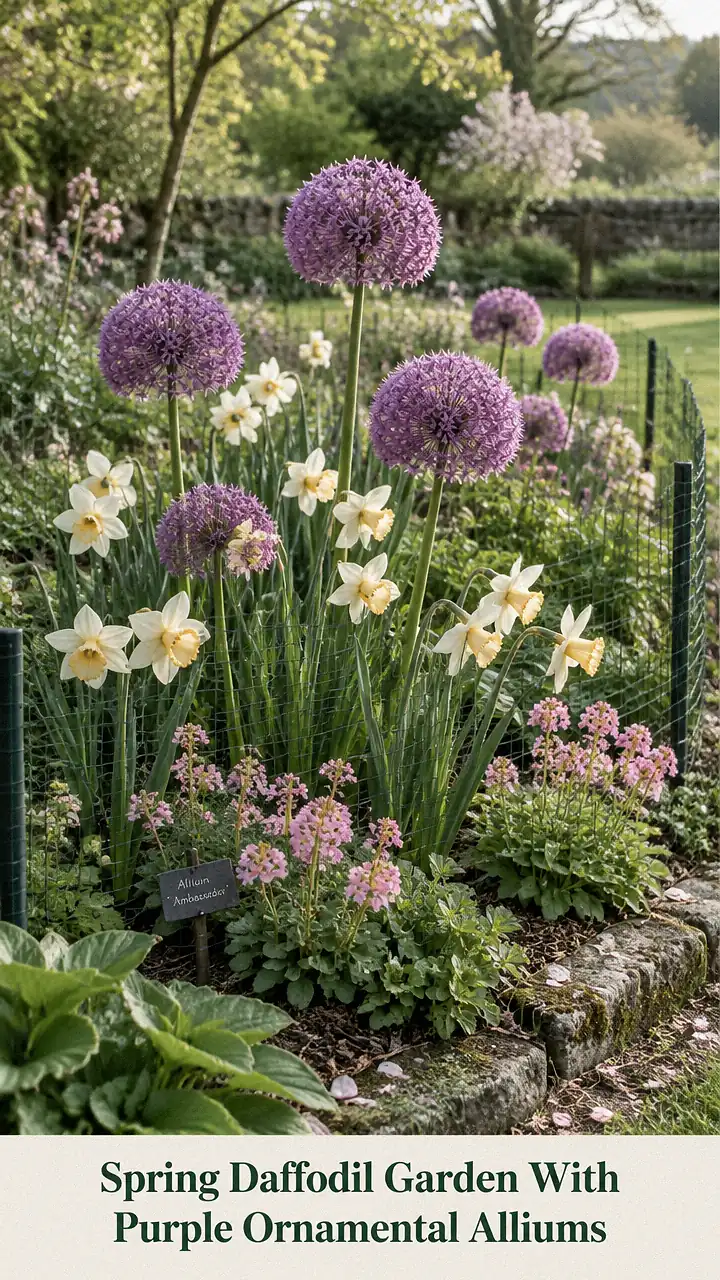 Spring Daffodil Garden With Purple Ornamental Alliums