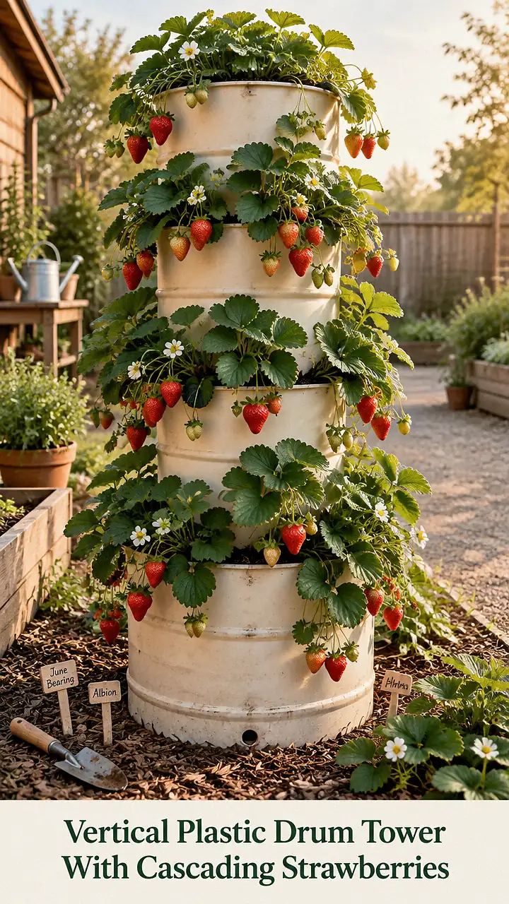 Vertical Plastic Drum Tower With Cascading Strawberries