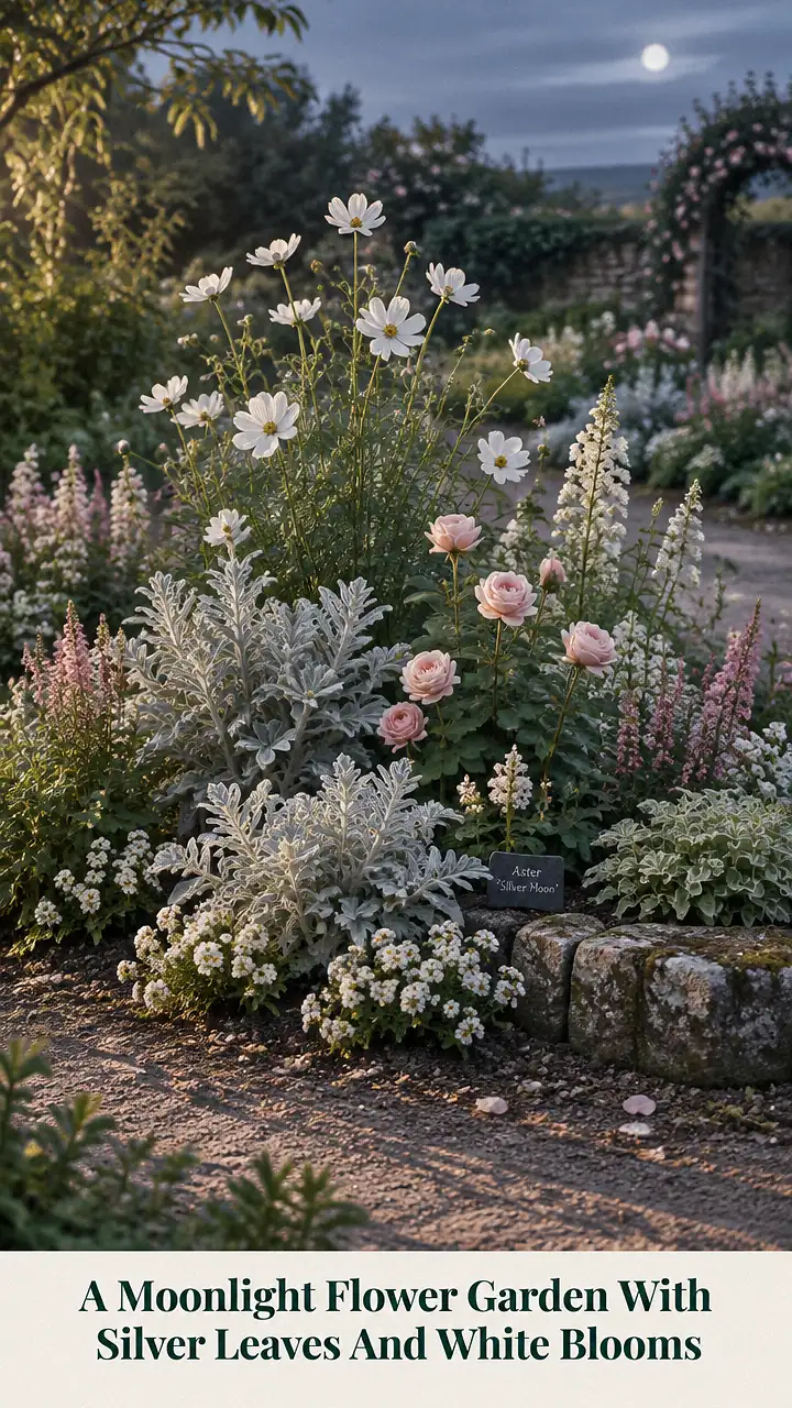A Moonlight Flower Garden With Silver Leaves And White Blooms