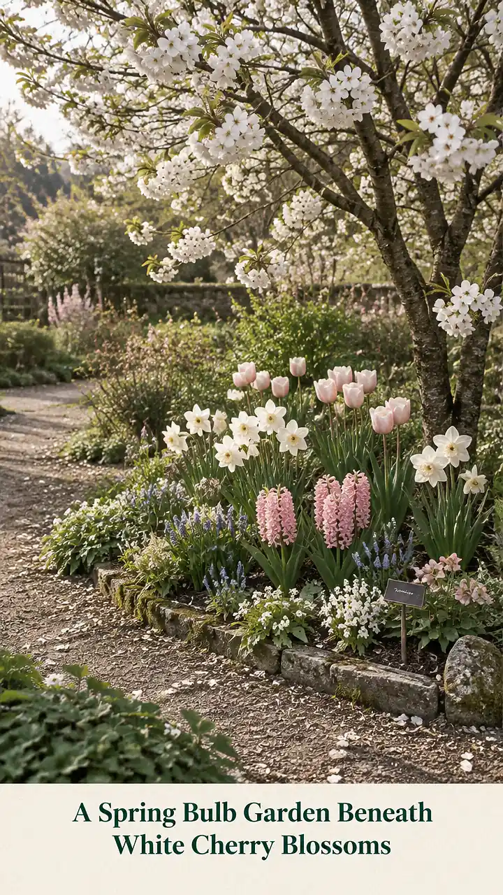 A Spring Bulb Garden Beneath White Cherry Blossoms