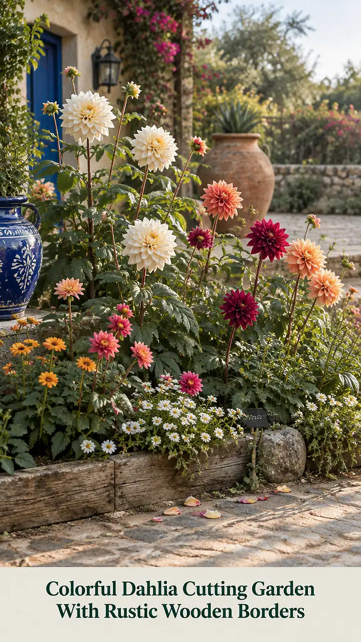 Colorful Dahlia Cutting Garden With Rustic Wooden Borders