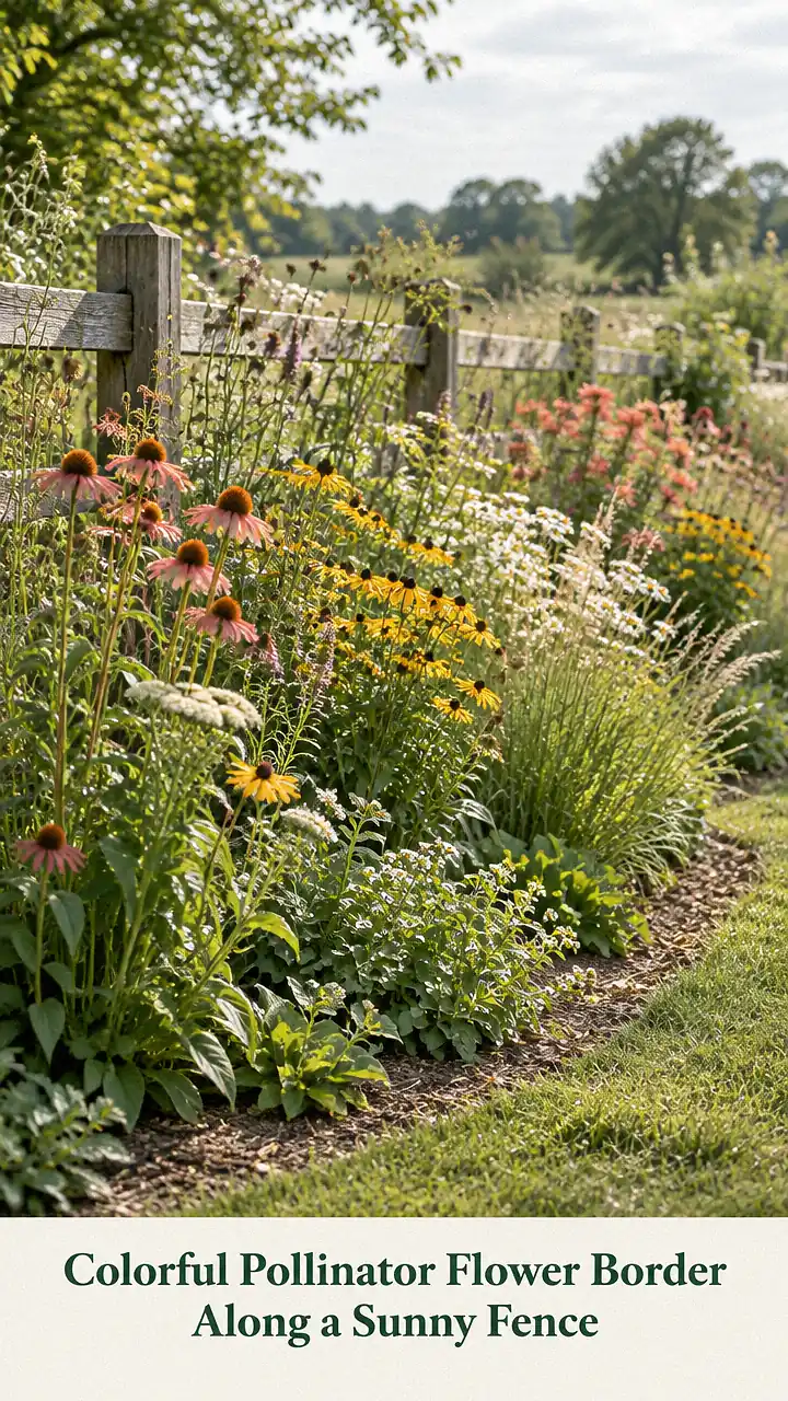 Colorful Pollinator Flower Border Along a Sunny Fence
