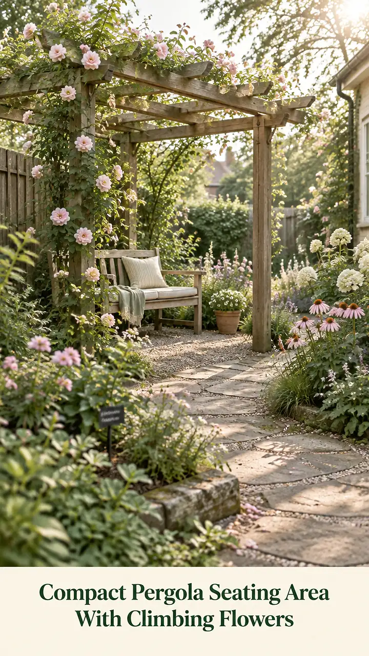 Compact Pergola Seating Area With Climbing Flowers