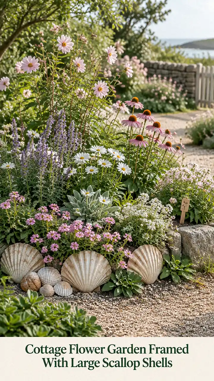 Cottage Flower Garden Framed With Large Scallop Shells