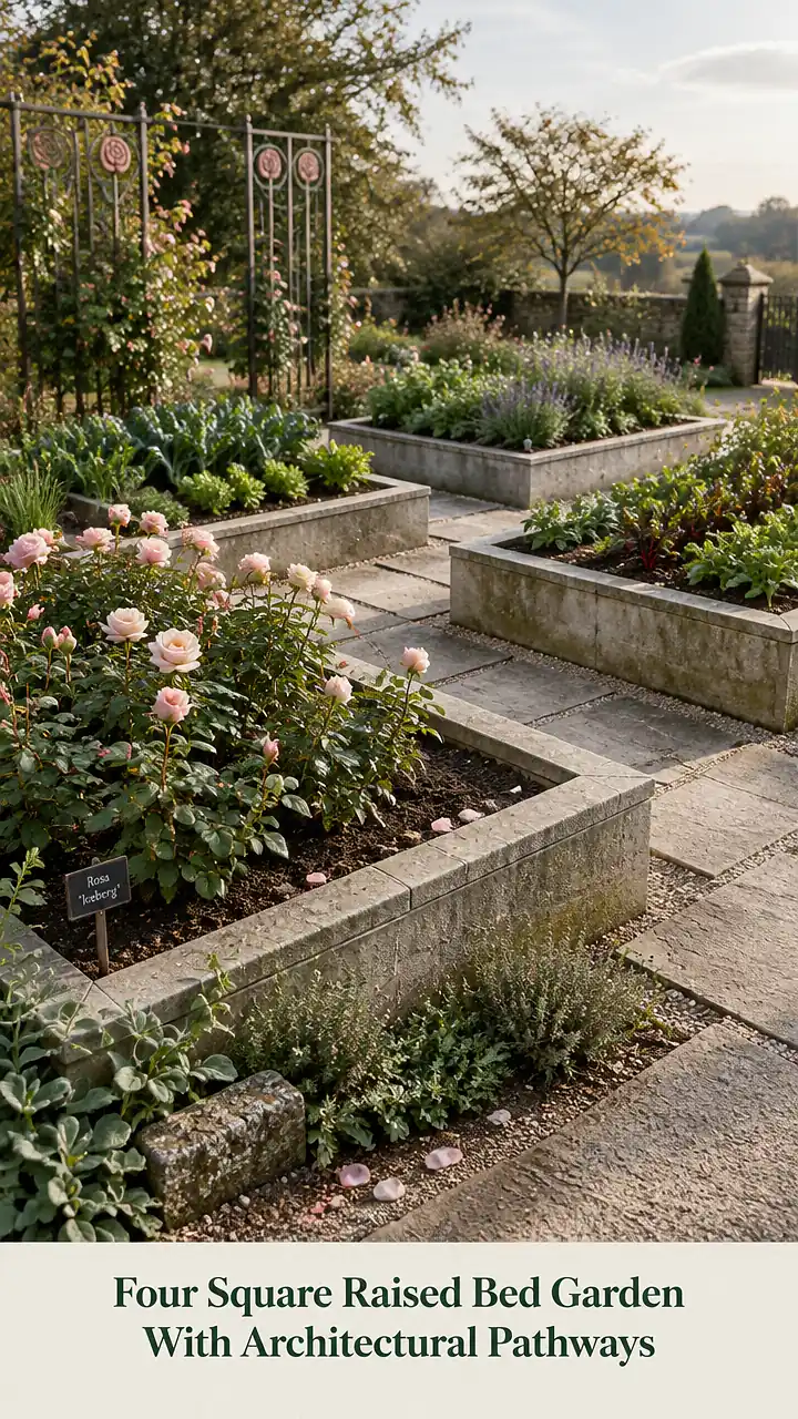Four Square Raised Bed Garden With Architectural Pathways