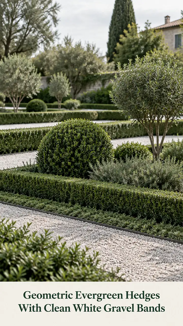 Geometric Evergreen Hedges With Clean White Gravel Bands