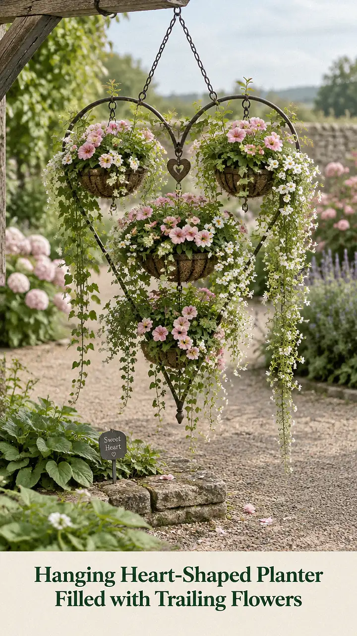 Hanging Heart-Shaped Planter Filled with Trailing Flowers