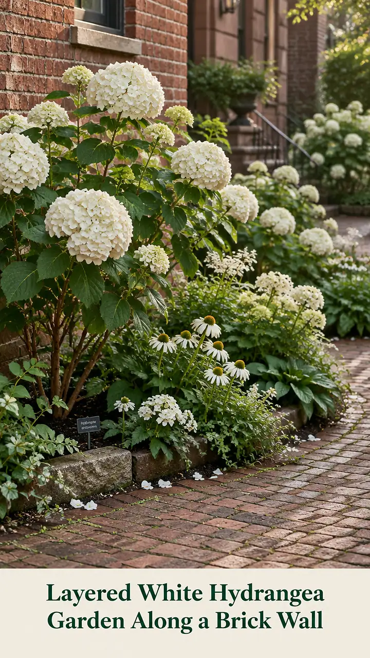 Layered White Hydrangea Garden Along a Brick Wall