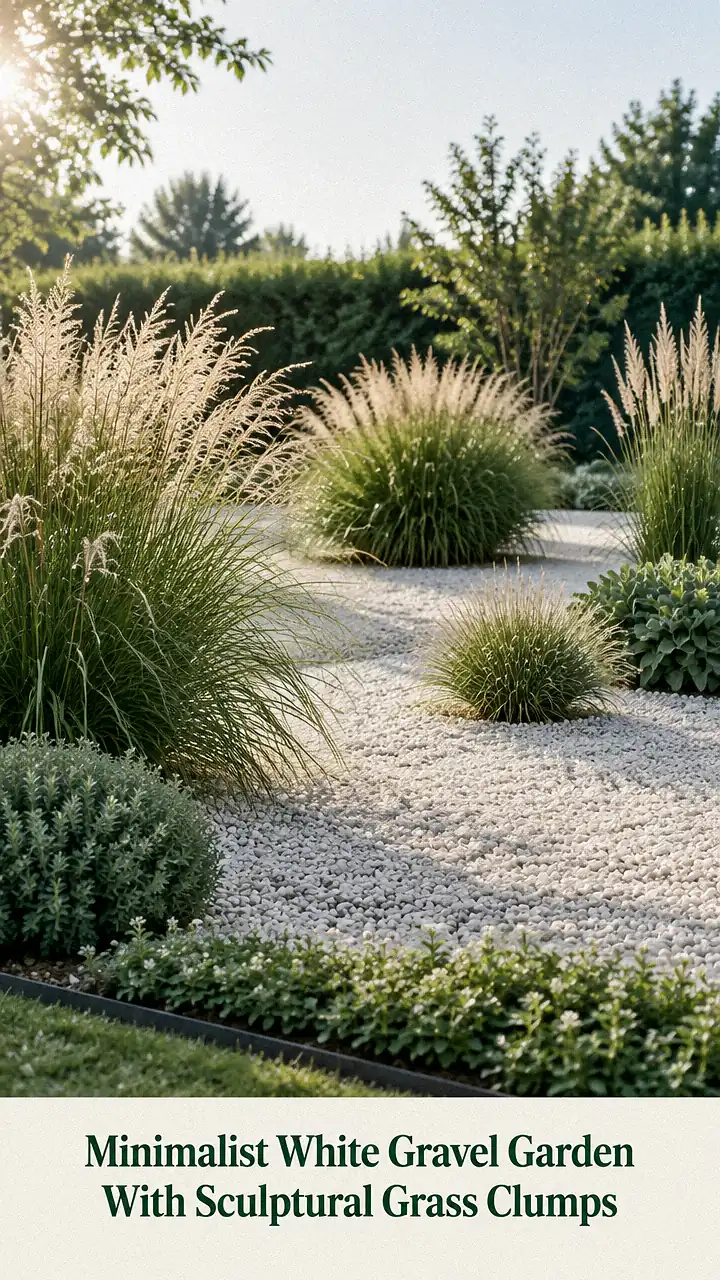 Minimalist White Gravel Garden With Sculptural Grass Clumps