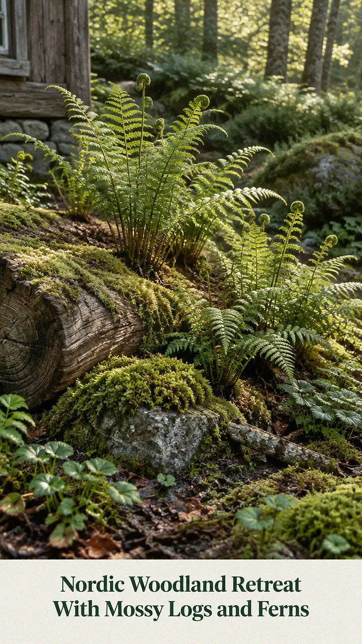 Nordic Woodland Retreat With Mossy Logs and Ferns
