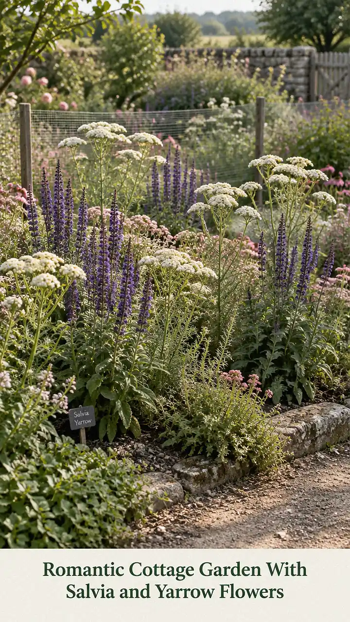 Romantic Cottage Garden With Salvia and Yarrow Flowers