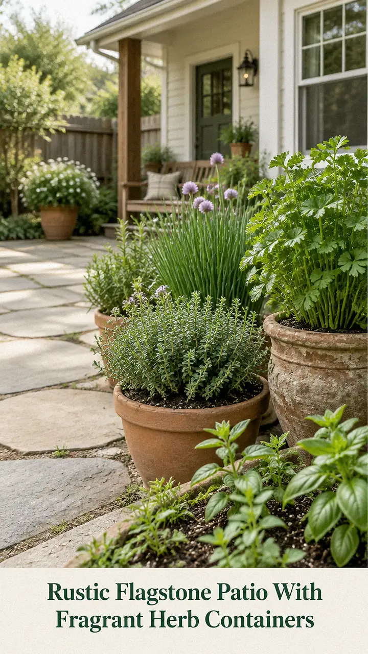 Rustic Flagstone Patio With Fragrant Herb Containers