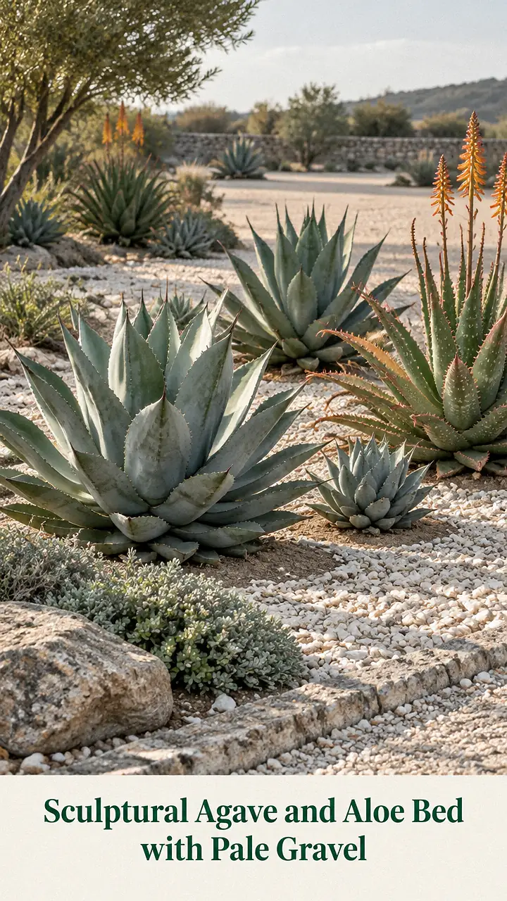Sculptural Agave and Aloe Bed with Pale Gravel