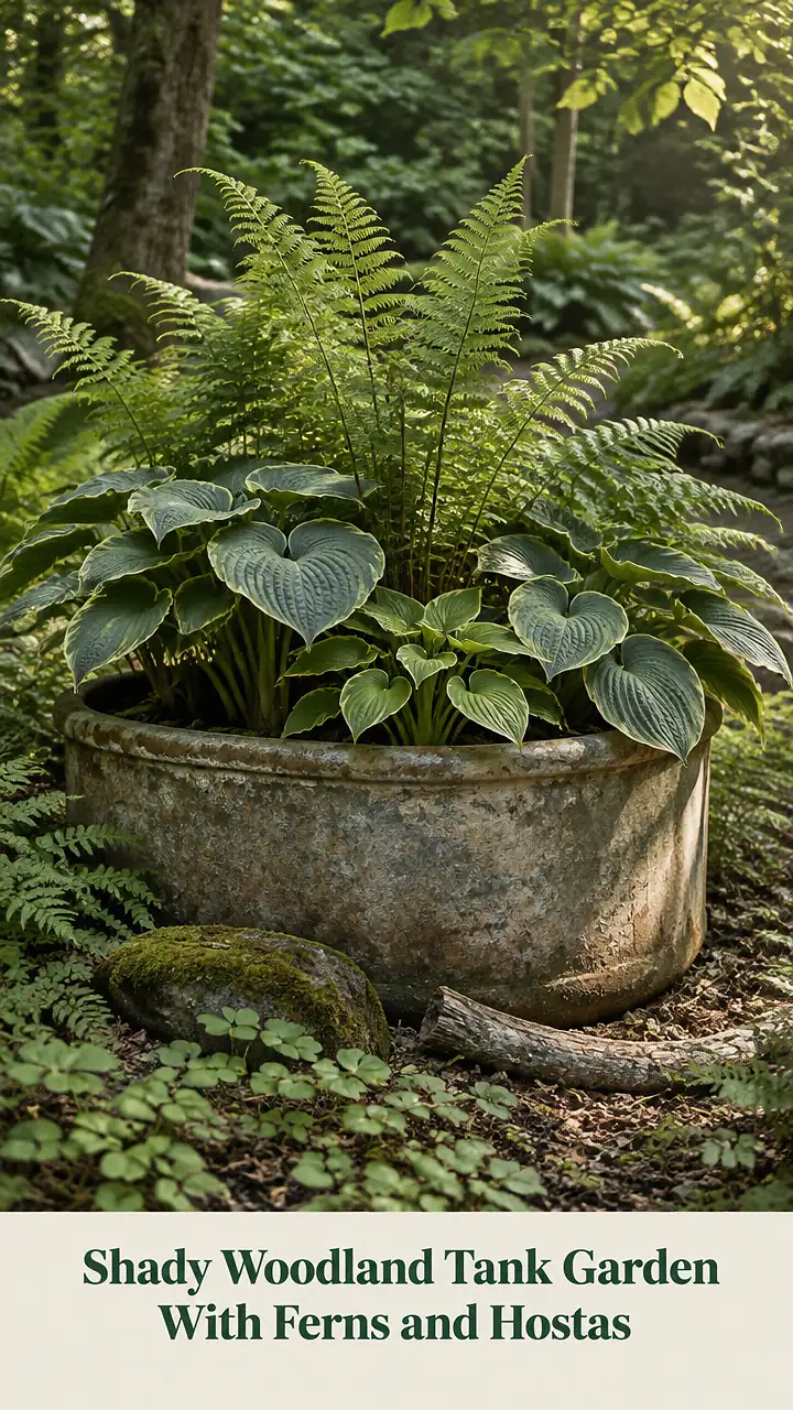 Shady Woodland Tank Garden With Ferns and Hostas